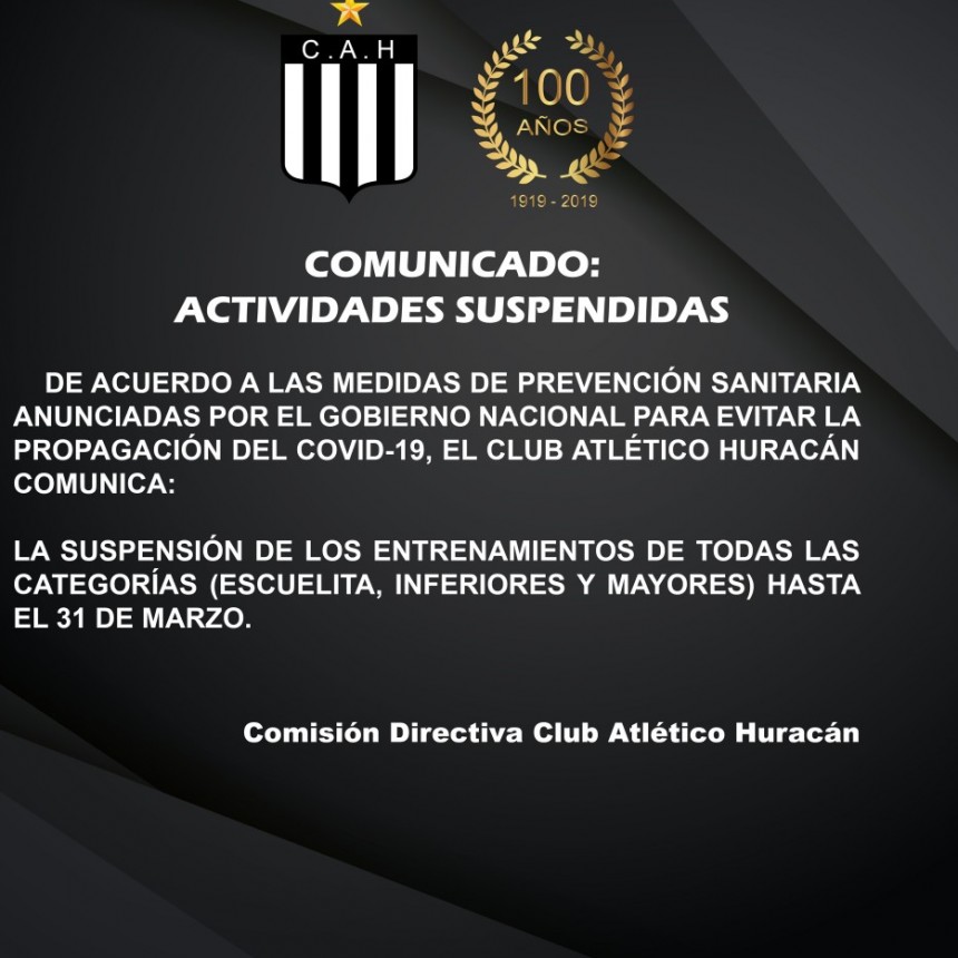 Huracán suspende actividades por el virus
