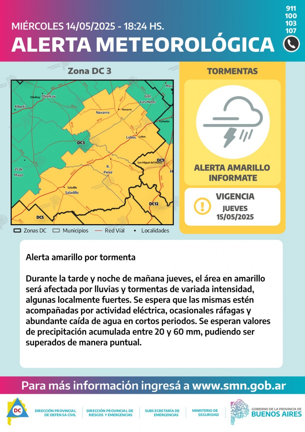 ALERTA AMARILLA POR POSIBLES TORMENTAS: Se anuncian lluvias los días Jueves 15 y viernes 16