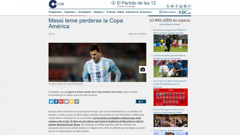 Messi se perdería la Copa América, según lo que informan algunos medios españoles