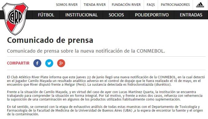 River sacó un comunicado por el escándalo del doping