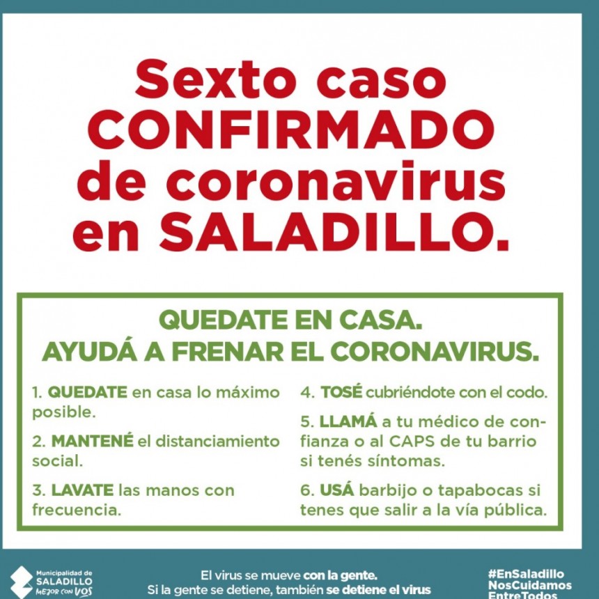 Se confirmó un 6° caso positivo de Coronavirus en Saladillo
