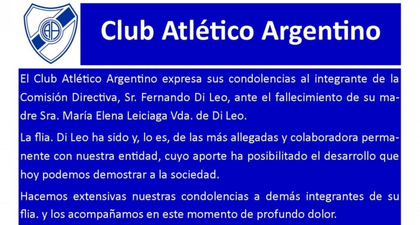 Club Argentino: Condolencias por el fallecimiento de María Elena Leiciaga 