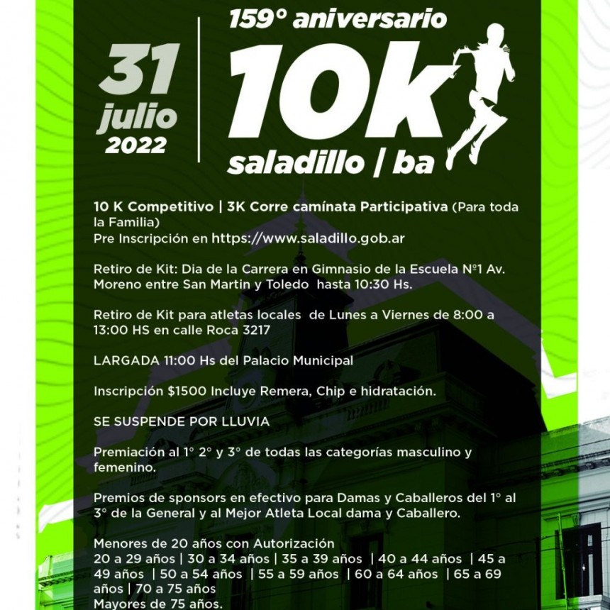 Inscribite ya: 10 Km 159° ANIVERSARIO DE SALADILLO